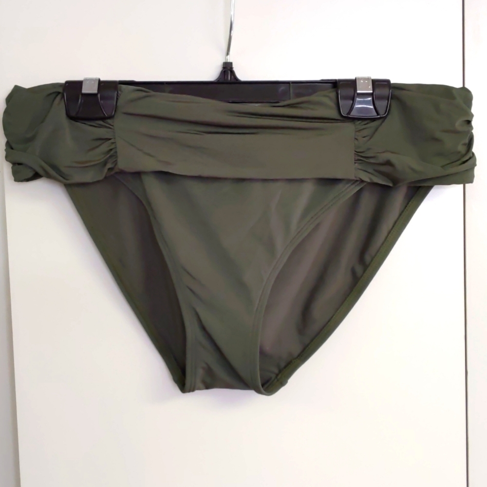 Panache fold down waist, full back bikini bottom. Khaki green. Multiple sizes.